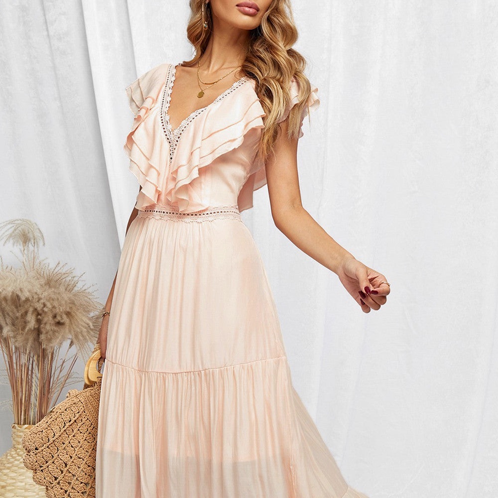 Pink Lace Splicing Ruffled Deep V Neck Maxi Dress